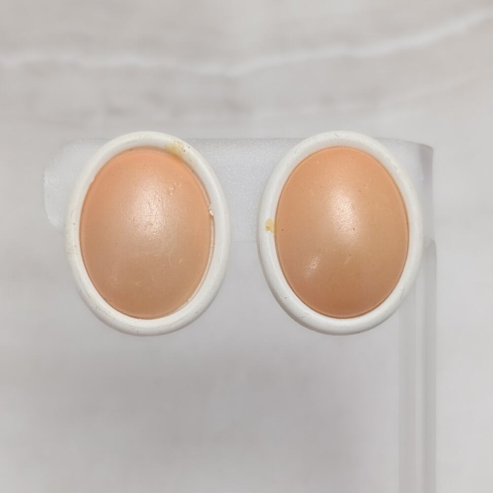 Vintage Clip On Earrings Light Pinkish & Cream Oval Shape Retro - Fair Condition